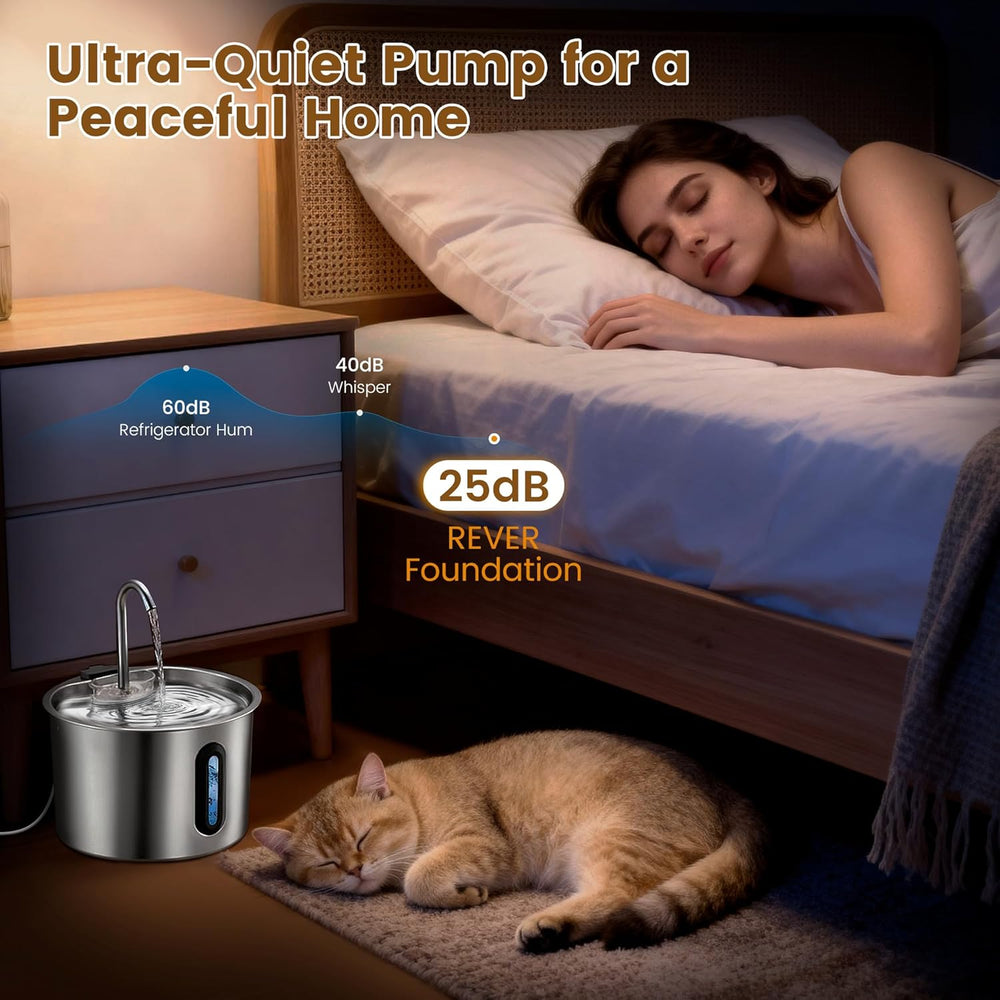 Katzenbrunnen Edelstahl 2.2L, Rever Ultraleiser Trinkbrunnen für Katzen mit Wasserstandsfenster, 3-Stufiges Filtersystem, Wasserspender für Katzen, Hunde & Kleintiere, Edelstahl Katzenbrunnen