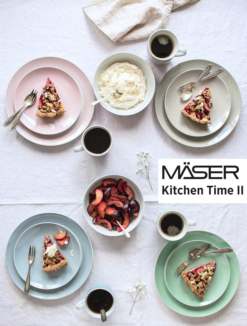 MÄSER Kitchen Time II, Service de table pour 4 personnes, Service combiné de 16 pièces aux couleurs pastel avec motif subtil, Porcelaine, Rose