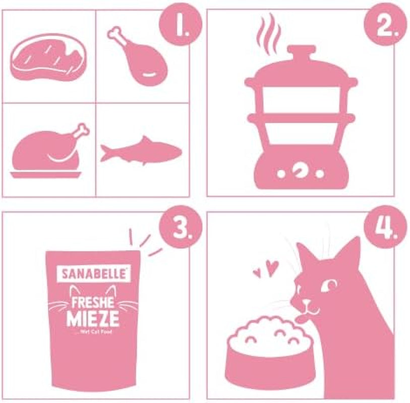 Sanabelle Freshe Mieze - Mixtray | 10 x 100 g de mélange | 4 délicieuses variétés de nourriture pour chats à essayer | Nourriture humide pour chats cuite à la vapeur, comme fraîchement cuite