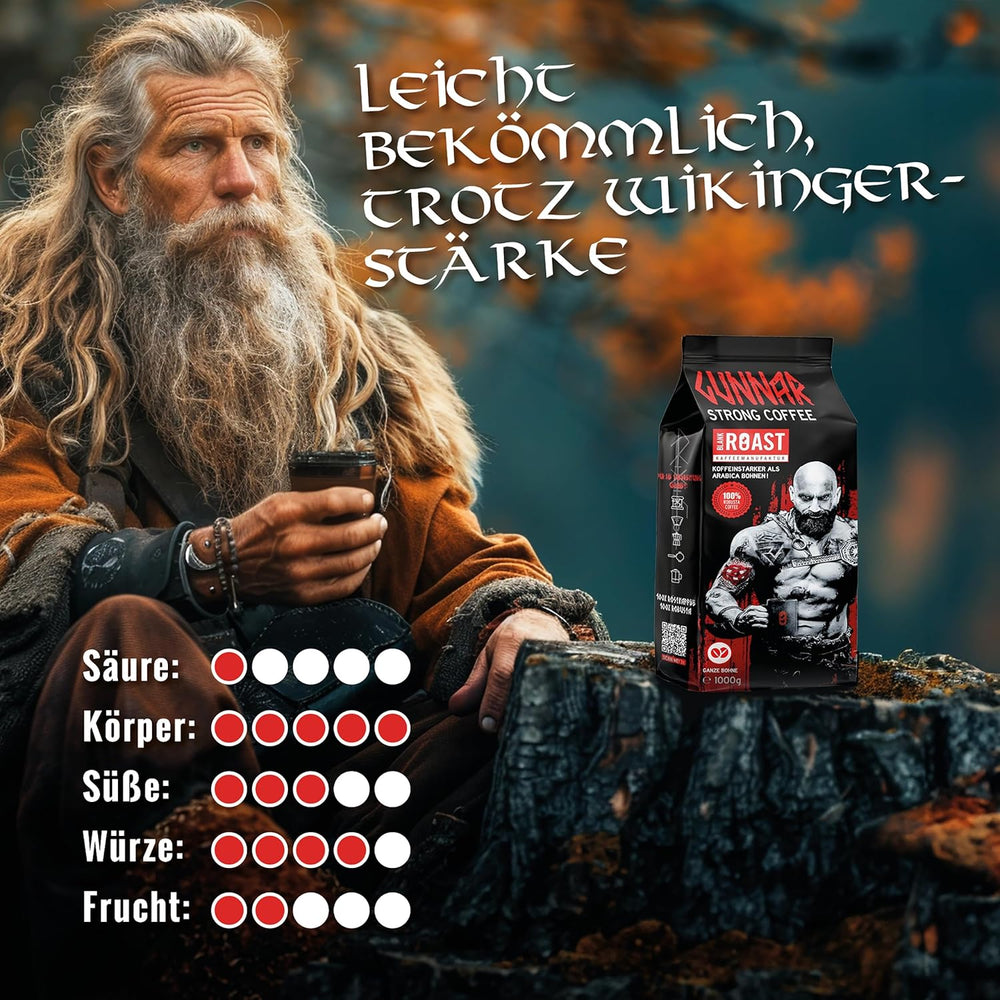 Rôti vierge - GUNNAR - 1kg - Café de Bohême entier extra fort - Kräftige Robusta-Röstung - 494mg Kaffein je Tasse - Würzig & Kraftvoll mit Noten von dunkler Schokolade - Säurearm