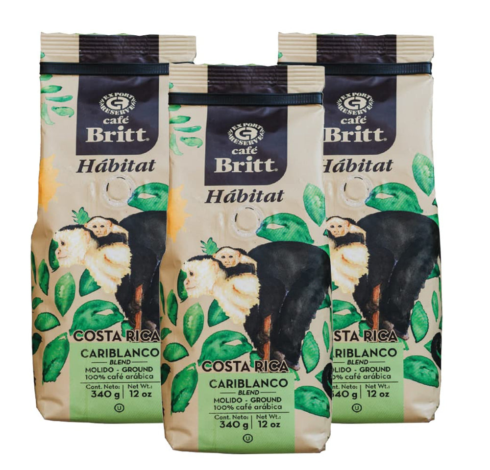 Café Britt® - Mélange Cariblanco Costa Rican Habitat (340 g) (Pack de 3) Café Arabica en grains entiers, casher, sans gluten, torréfaction gastronomique et moyennement fermé…