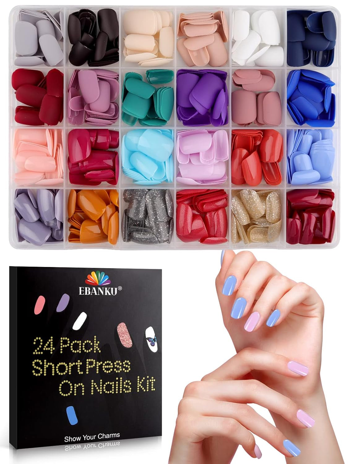 EBANKU 576 pièces ongles courts à presser avec colle à ongles, 12 couleurs d'ongles artificiels courts mats, 8 ongles artificiels courts brillants, 4 ongles artificiels à paillettes