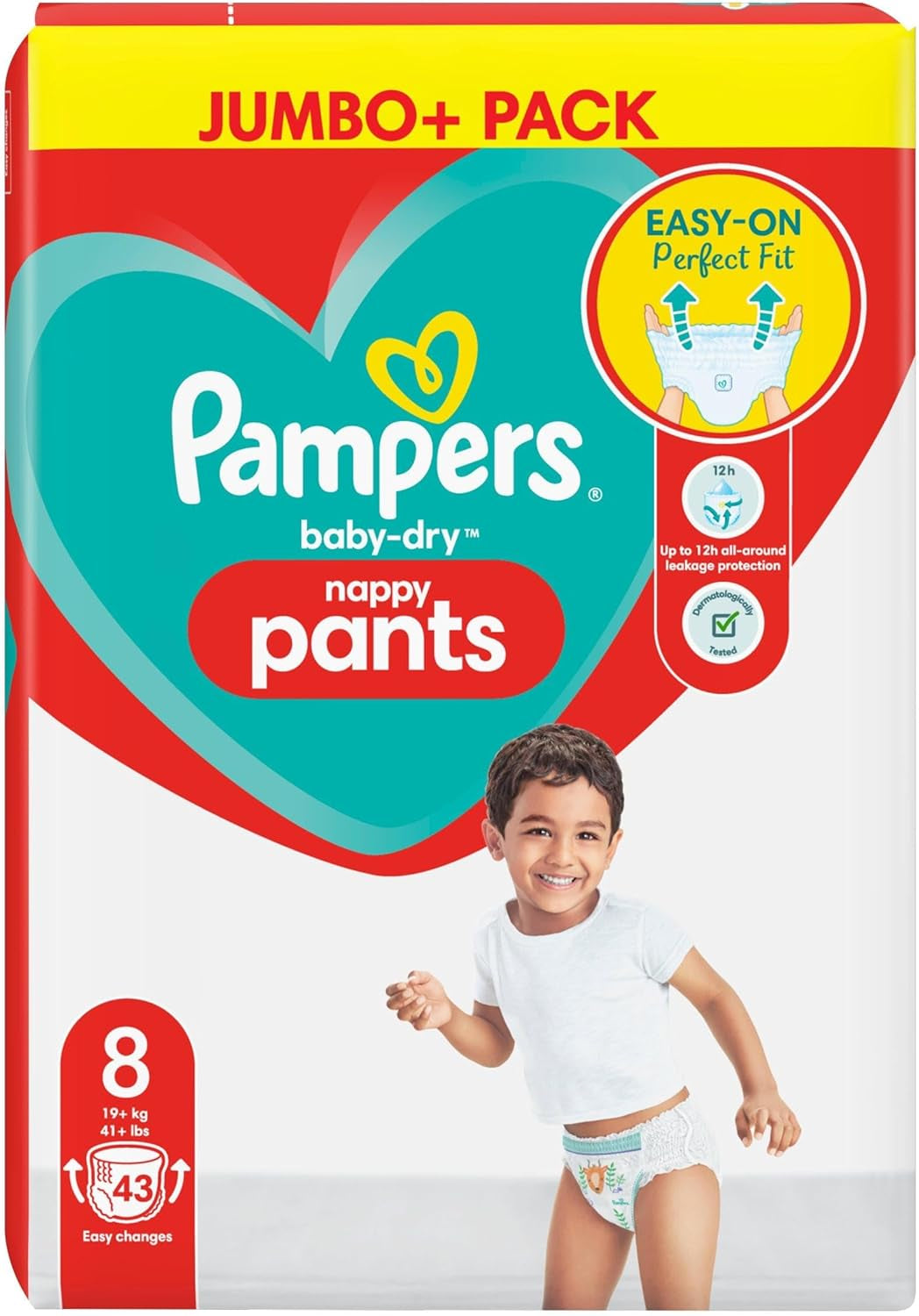 Couches Pampers Baby-Dry, taille 8, 43 couches, à partir de 19 kg, pack Jumbo+