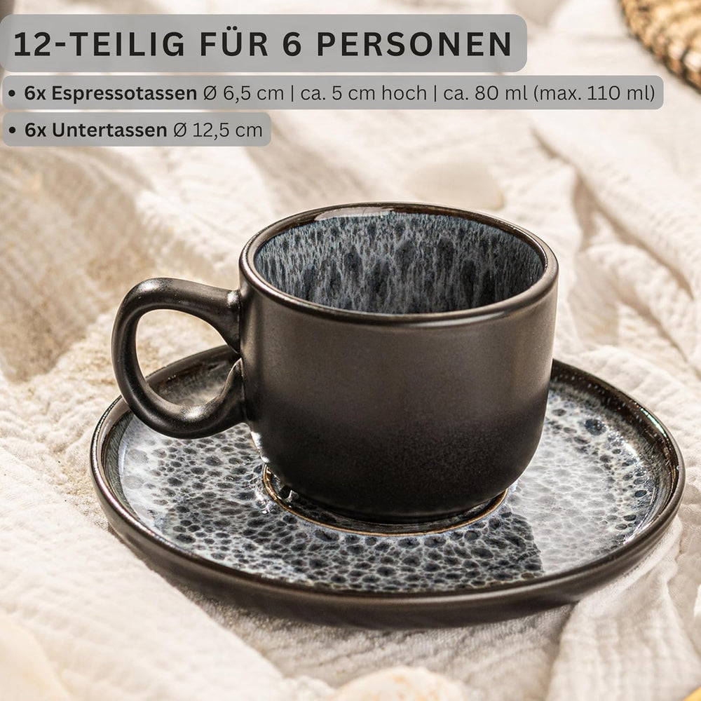 SANGER Sydney | Ensemble de 12 tasses à expresso en céramique, ensemble de tasses à moka pour 6, tasses et soucoupes, passe au lave-vaisselle et au micro-ondes, gris foncé, 80 ml | LA COLLECTION VALEUR