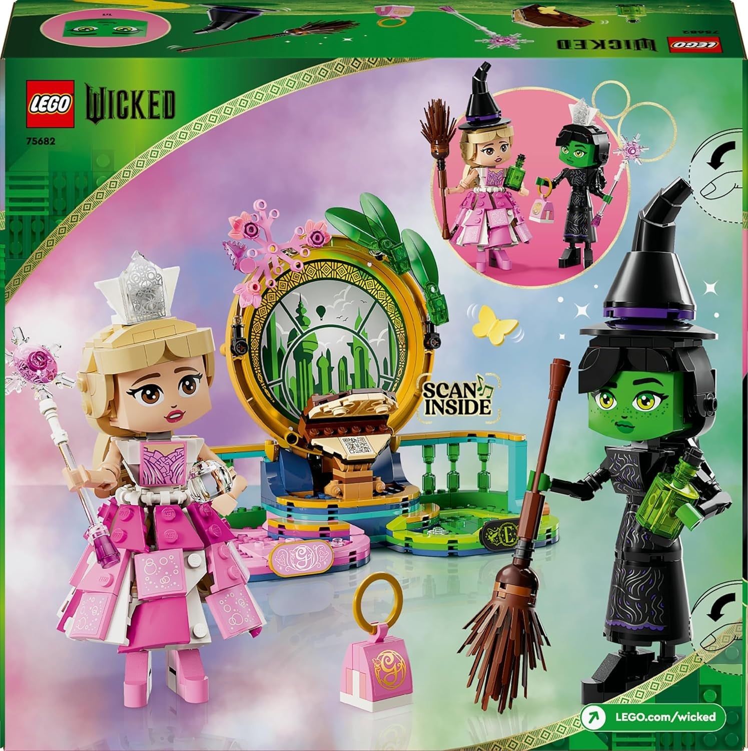 LEGO Wicked - Elphaba & Glinda Figuren - Spielzeug mit viel Zubehör, darunter EIN Besen, eine Krone, eine Handtasche und eine Fensterszene - Geschenk für Mädchen und Jungen ab 10 Jahren - 75682