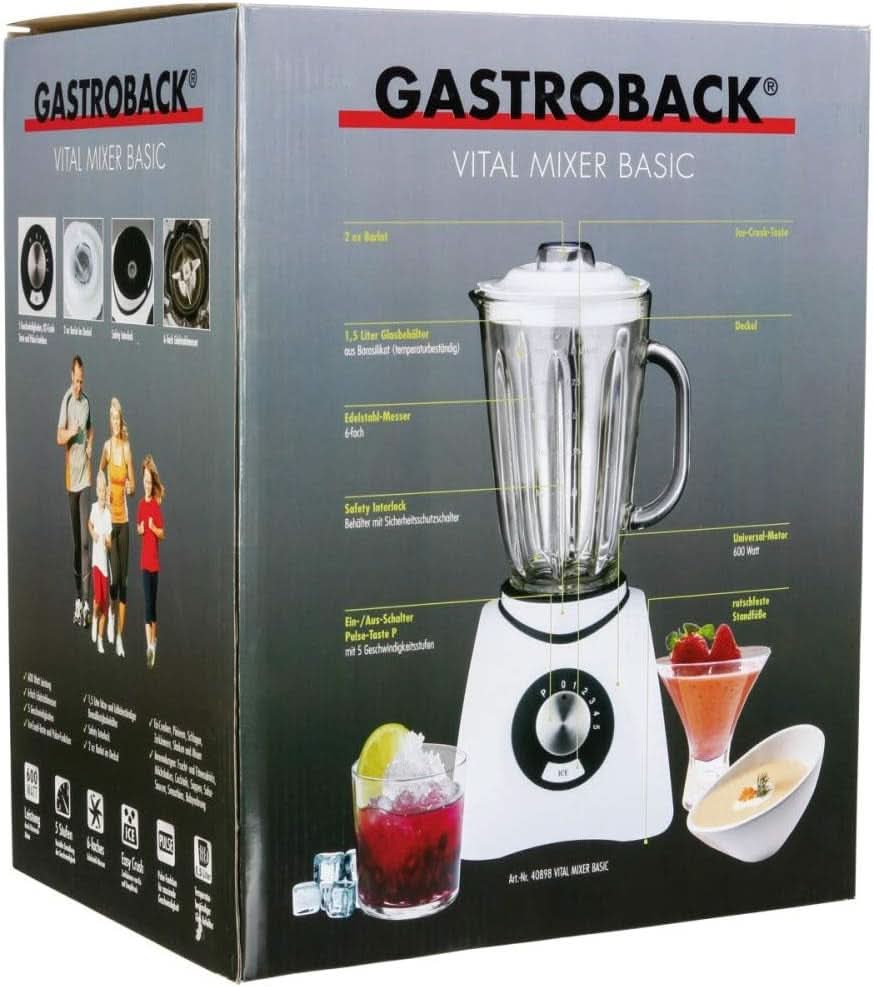 Gastroback 40898 Vital Basic, Mit Integrierter Ice-Crush Funktion, Leistungsstarker 600 Watt Motor Mixer, Kunststoff, 1.5 Liters, Weiß Bucatarie Naty Shop