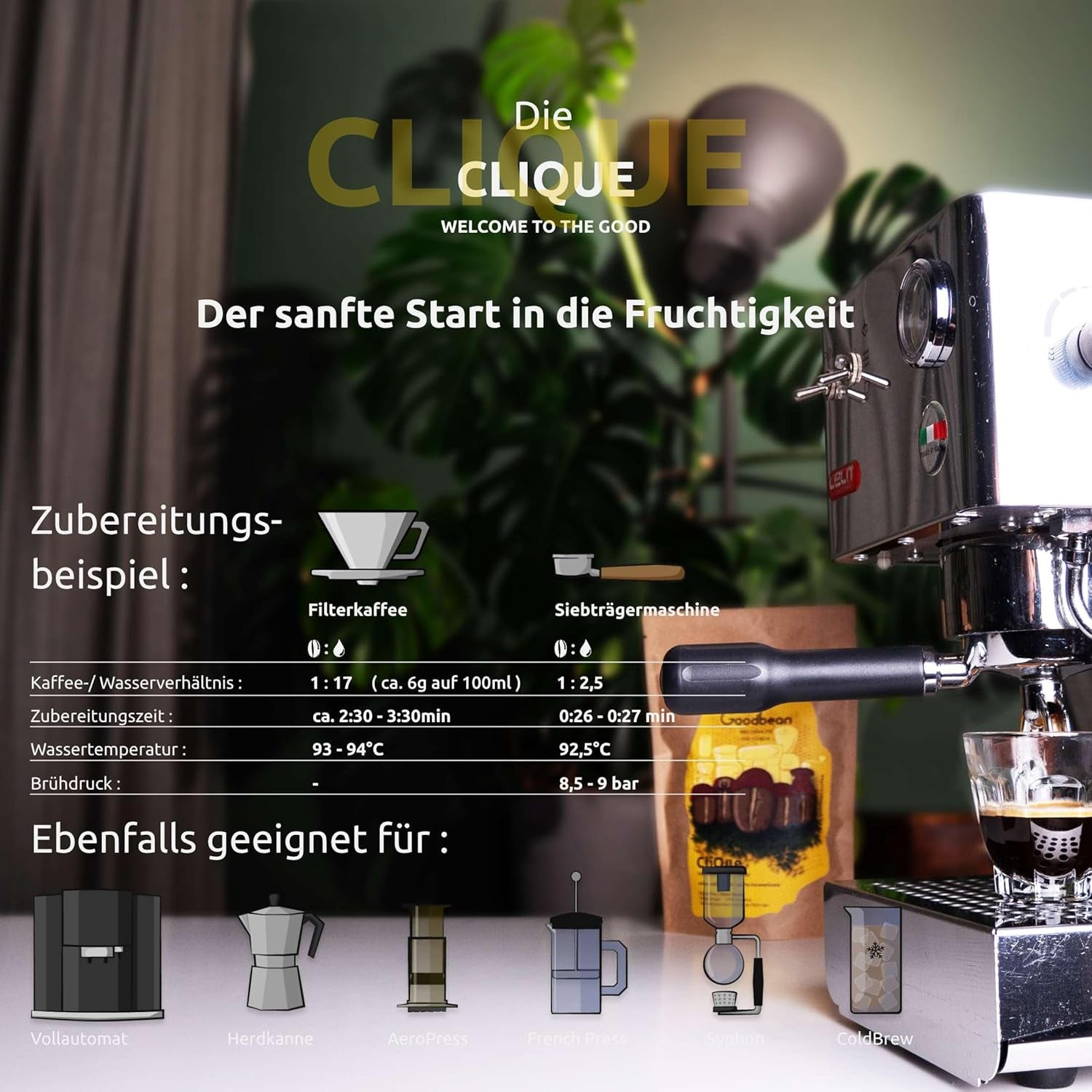 La Clique | Café | Torréfaction Omni - 100 % Arabica | Café filtre/spritziger Espresso | Ganze Bohne (500g)