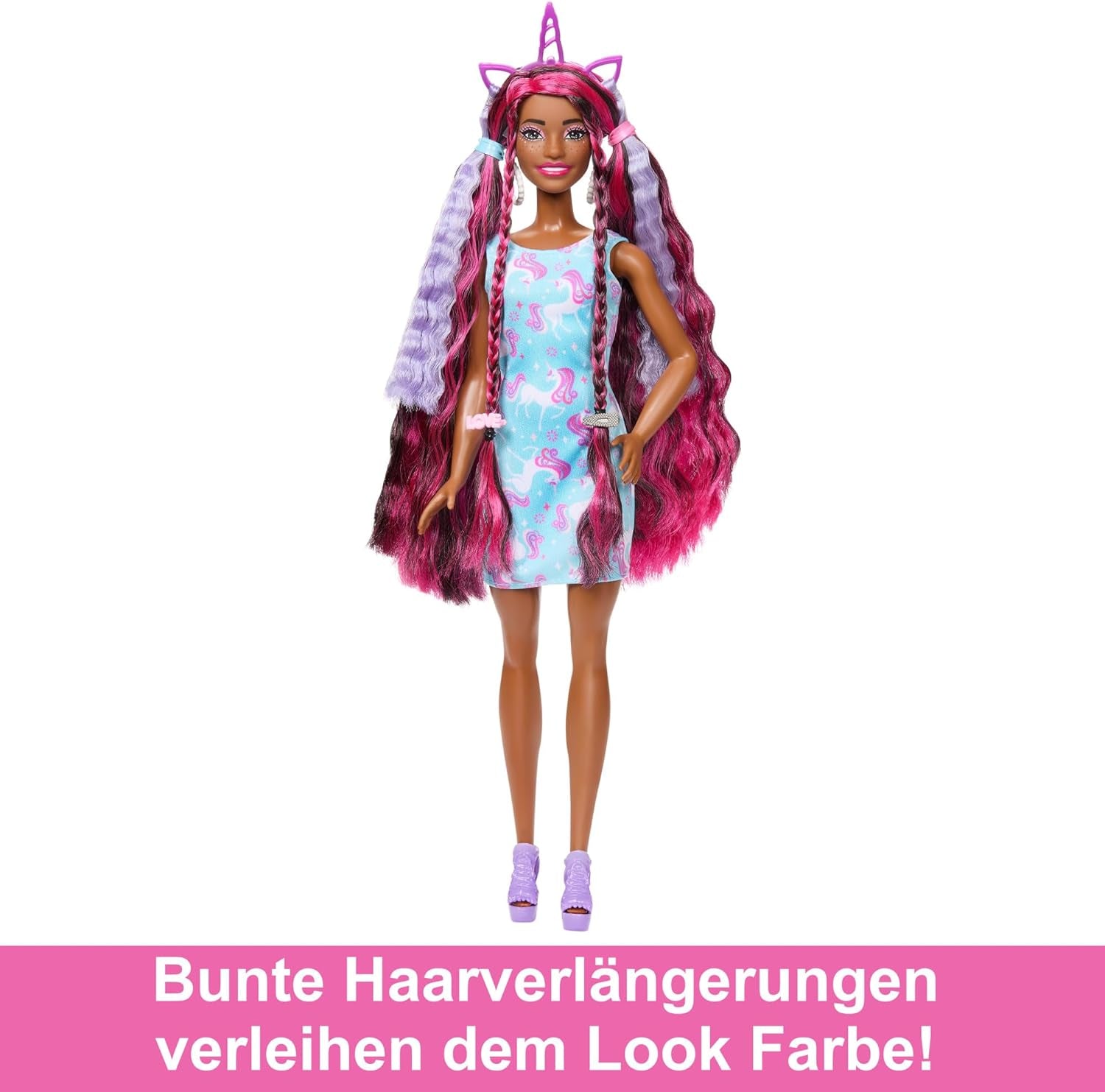 Poupée Barbie cheveux élégants et amusants avec cheveux noirs colorés extra longs et robe rose scintillante 10 accessoires de coiffure et de mode JDC86