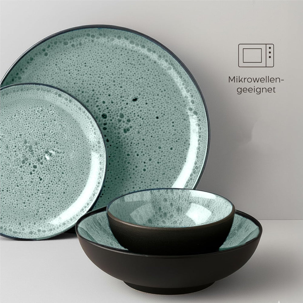 Twinzee Service de table en grès 24 pièces pour 6 personnes – Ensemble bol et assiette – Grès allant au micro-ondes – Collection Riviera