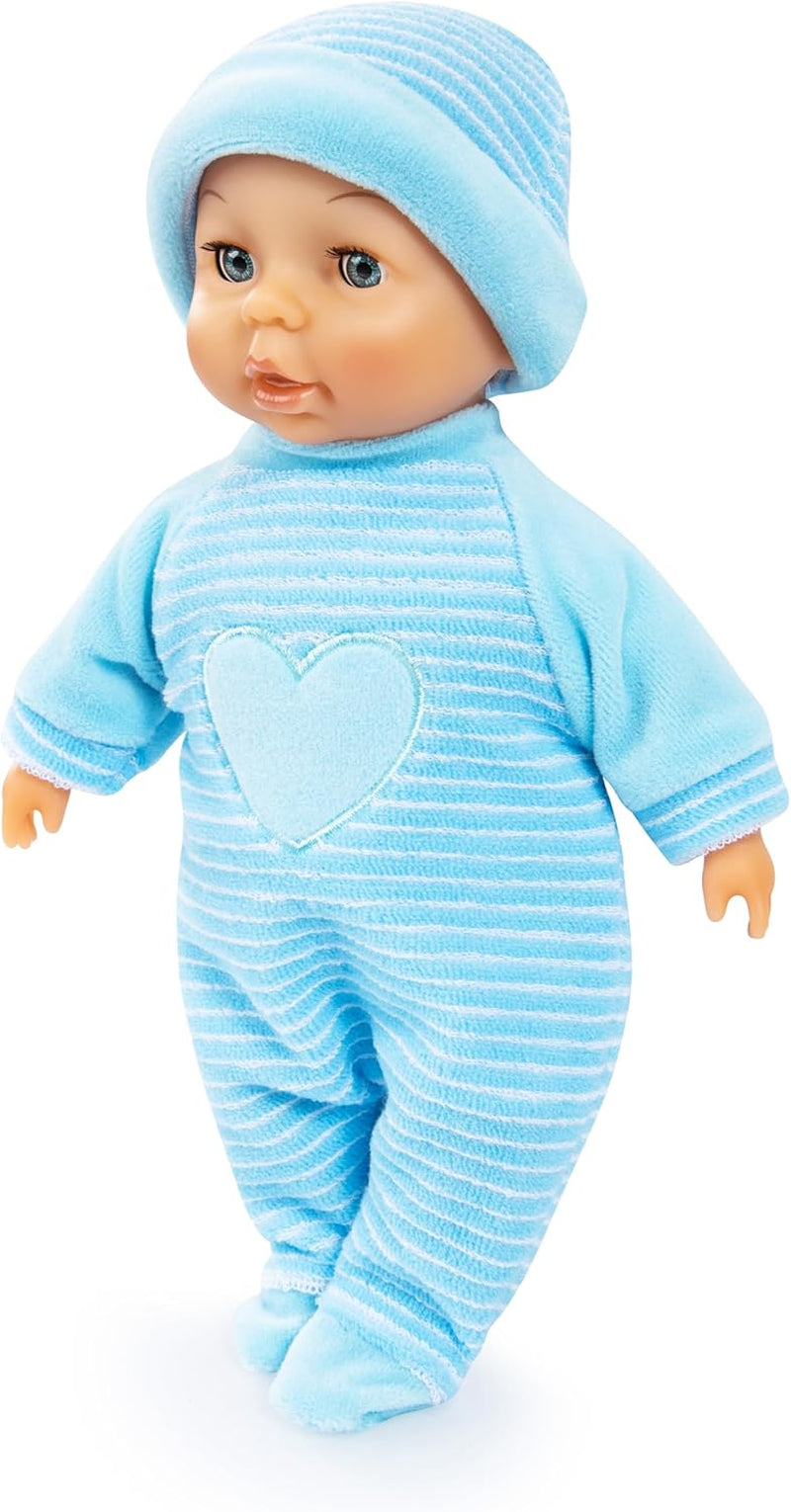 Bayer Design 92802AU My First Baby 28cm, Babypuppe, Weichkörperpuppe mit Schlafaugen, sehr handlich, niedliches Outfit, blau mit Herz