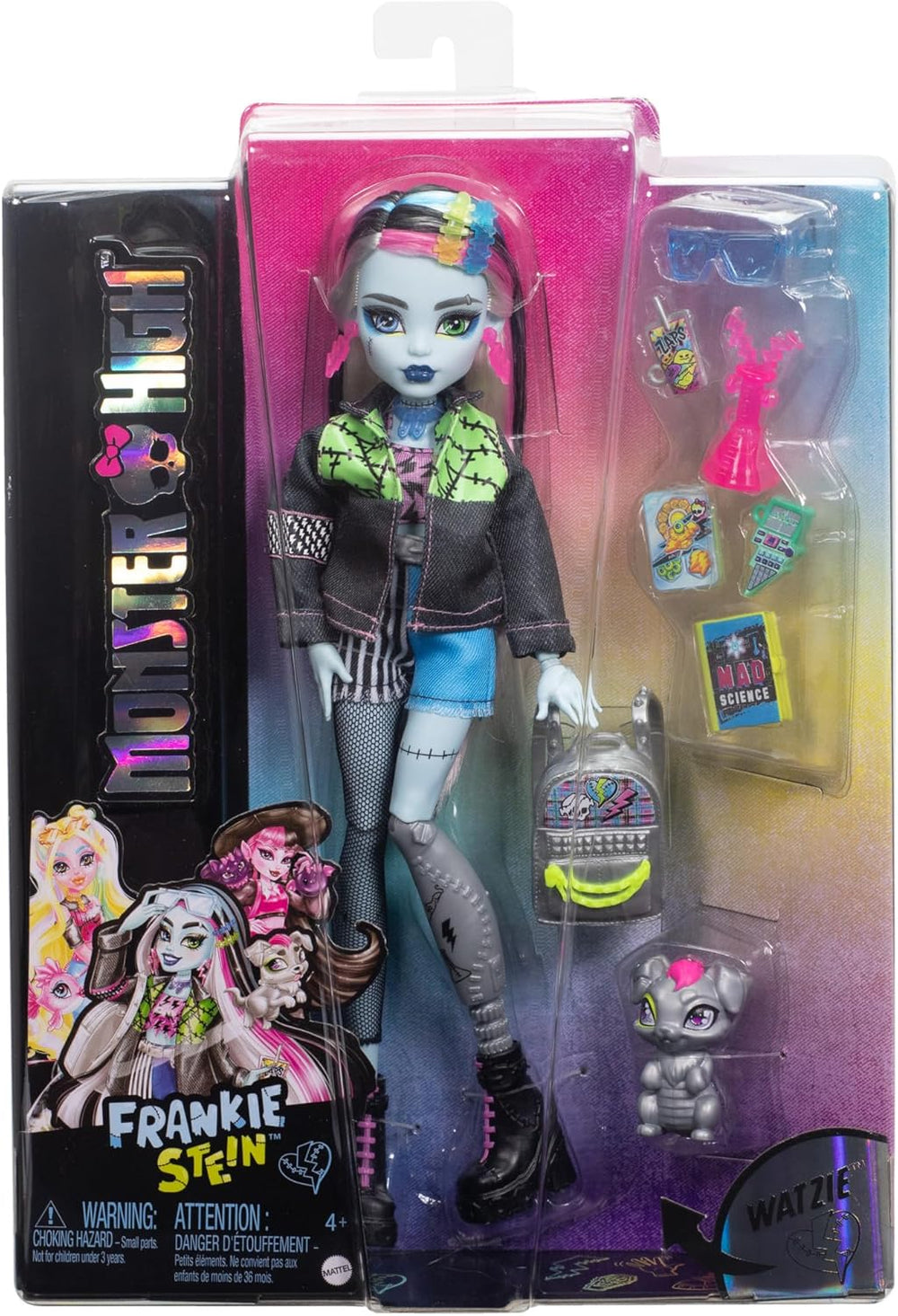 Poupée Monster High Frankie Stein en veste en jean et short, comprend également son chiot Watzie et des accessoires tels qu'un sac à dos, une collation et un cahier, HXH73