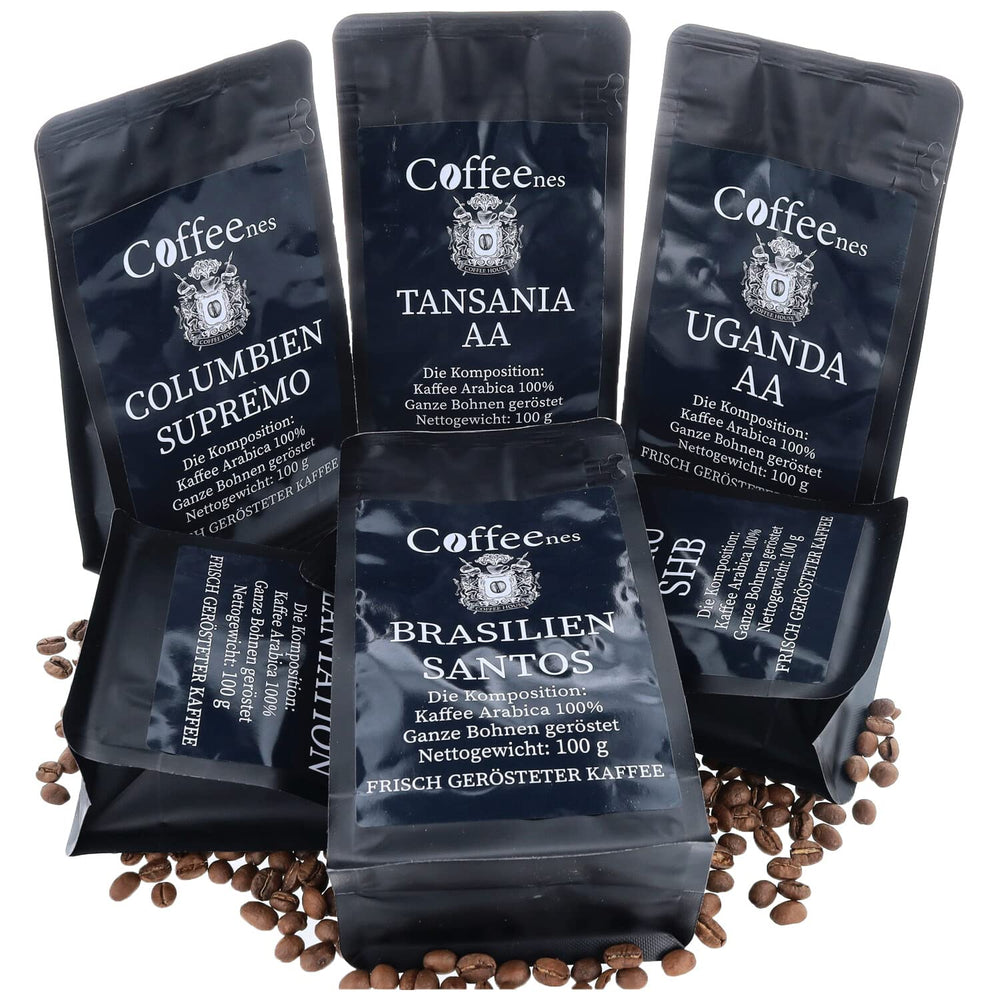 Coffeeness Kaffeebohnen Probierset – Kaffee Geschenk - 6 Sorten ganze Bohnen Arabica aus Brasilien, Pérou, Colombie, Tanzanie, Indien, Ouganda – 6 x 100g
