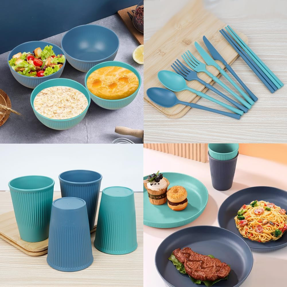 Ensemble de vaisselle de camping 53 pièces pour 4 personnes, vaisselle de camping indestructible pour 4 personnes, ensemble de vaisselle en plastique léger avec sac de transport, assiettes et bols empilables, vaisselle de pique-nique de jardin pour barbecue