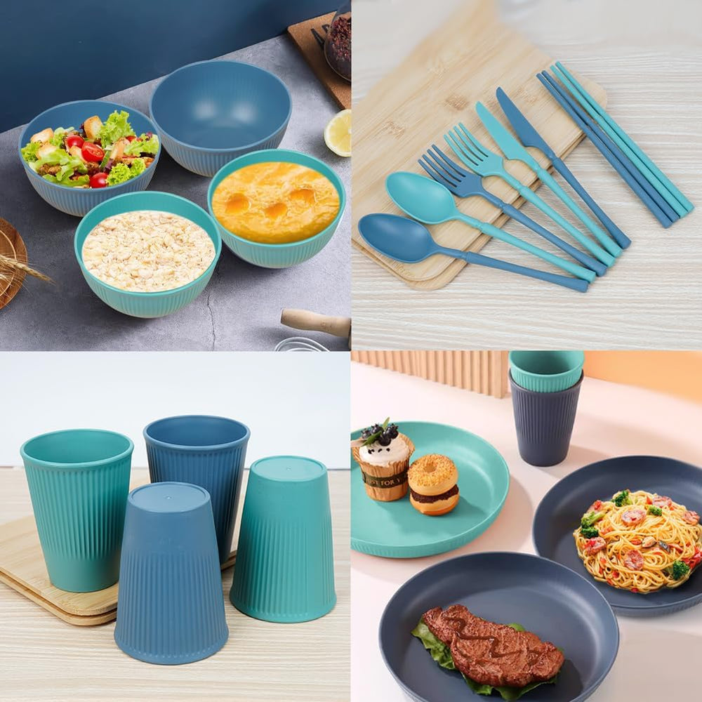 Ensemble de vaisselle de camping 53 pièces pour 4 personnes, vaisselle de camping indestructible pour 4 personnes, ensemble de vaisselle en plastique léger avec sac de transport, assiettes et bols empilables, vaisselle de pique-nique de jardin pour barbecue