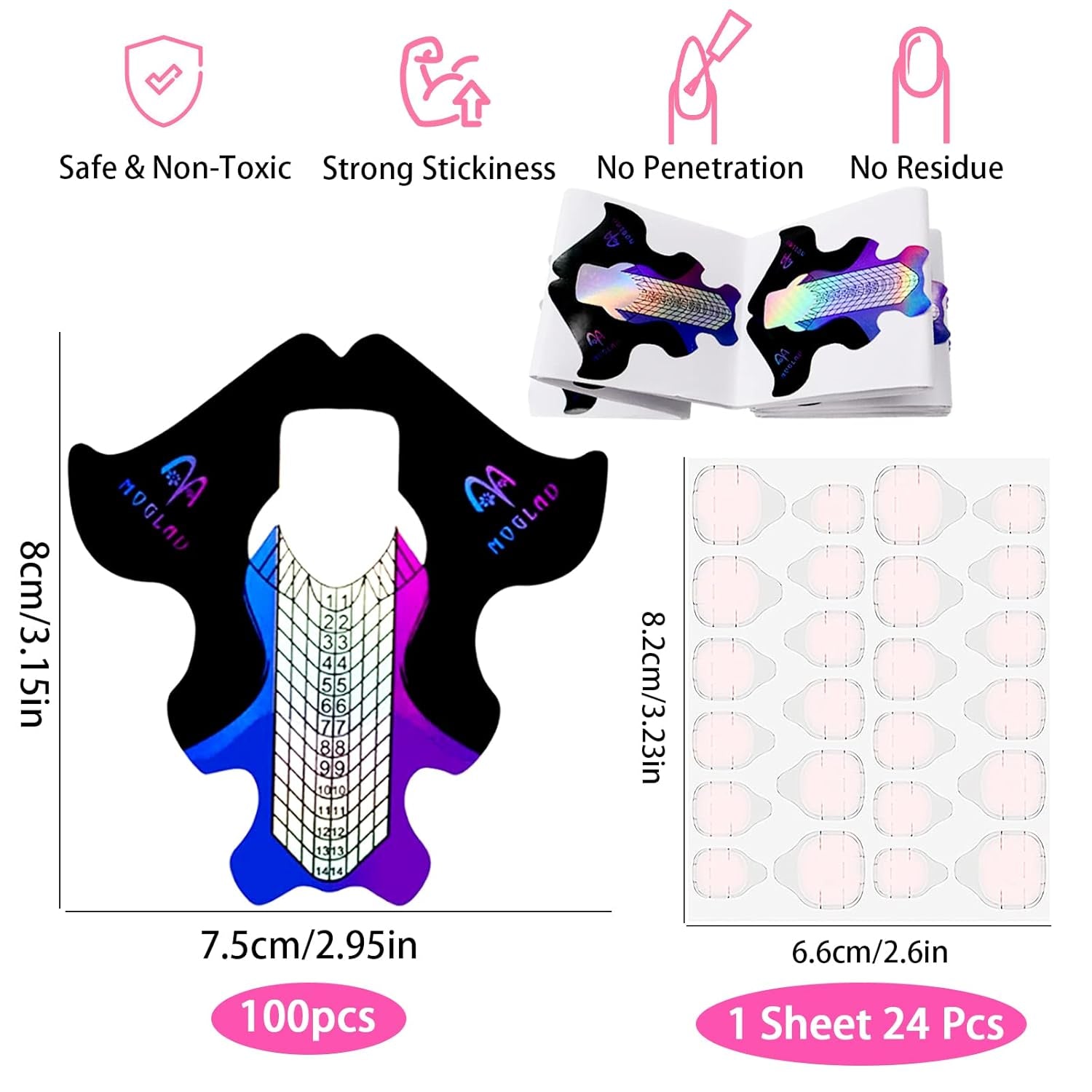 ® 100 modèles d'ongles et 1 feuille de 24 disques adhésifs transparents pour ongles, modèles d'extension d'ongles, modèles d'extension d'ongles en gel auto-adhésifs, accessoires pour ongles artificiels
