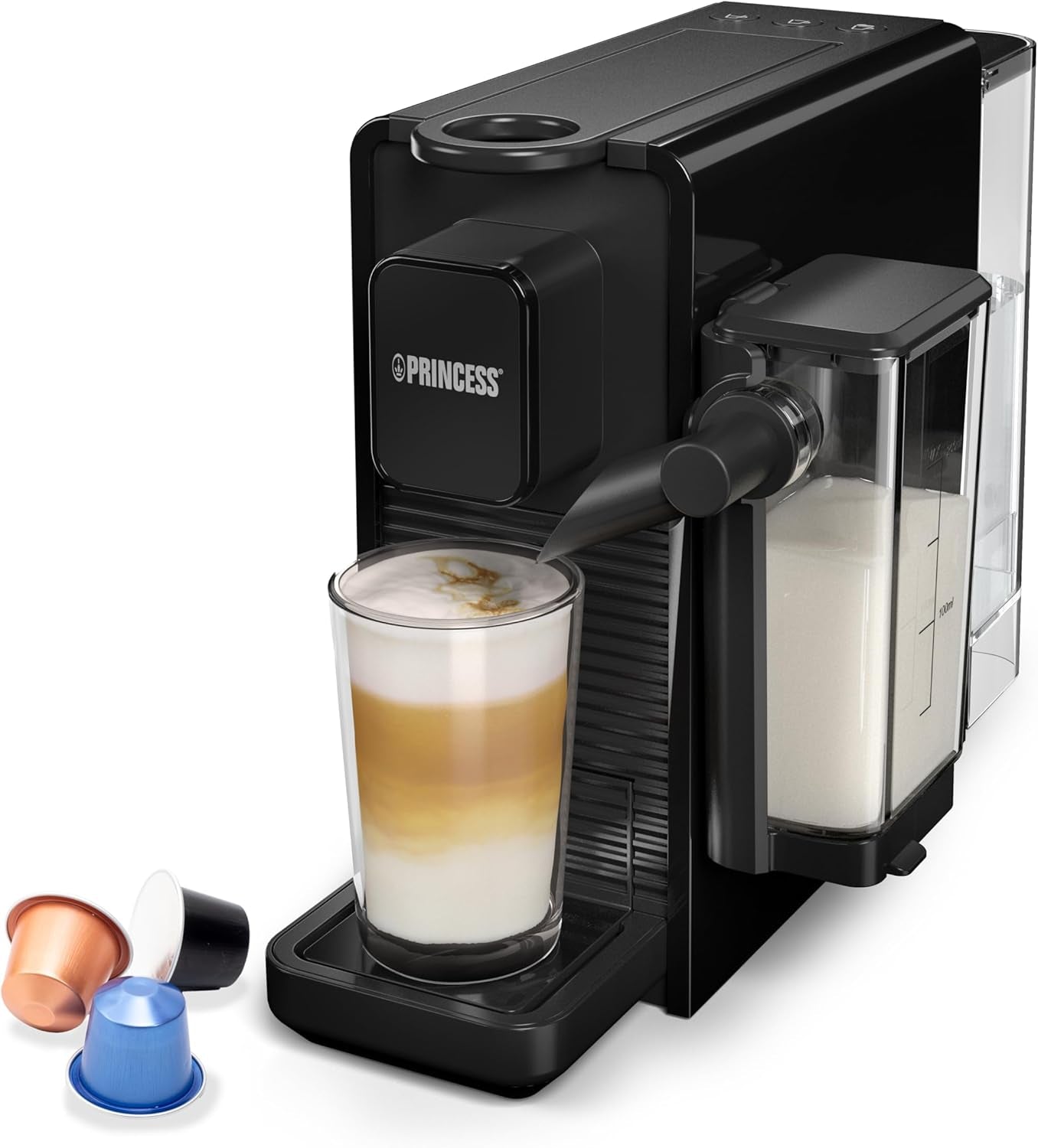 Machine à expresso multicapsules Princess 4 en 1 - 1450 watts, capsules, dosettes, café moulu, sans BPA, 249450, 01.249450.01.001, noir, argent