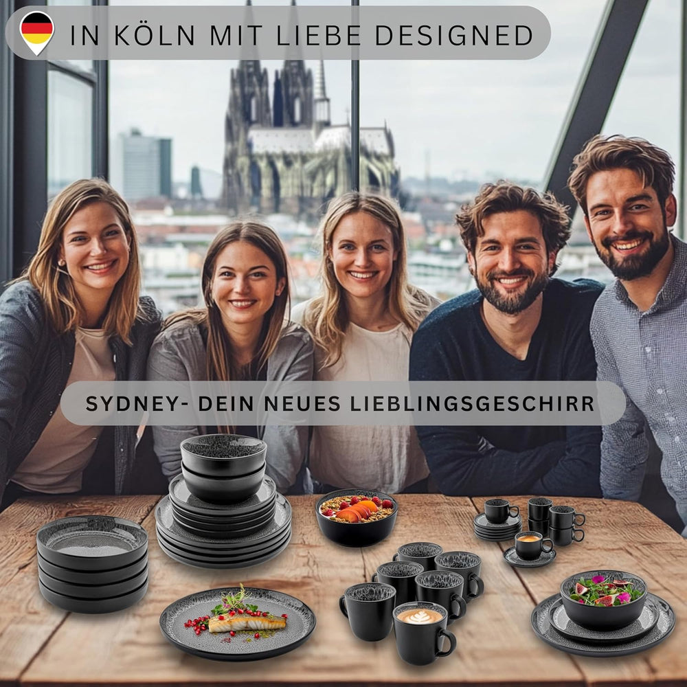 SANGER Sydney | Ensemble de 12 tasses à expresso en céramique, ensemble de tasses à moka pour 6, tasses et soucoupes, passe au lave-vaisselle et au micro-ondes, gris foncé, 80 ml | LA COLLECTION VALEUR