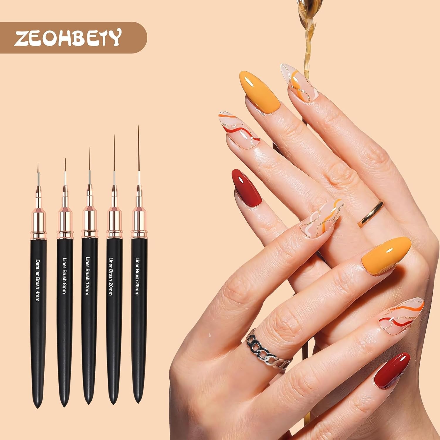 Lot de 5 pinceaux à ongles pour contour des ongles, ensemble de pinceaux de conception de peinture, outil de dessin de pointe d'ongle pour lignes longues, détails fins, dessin fin en taille 6/9/12/15/18 mm, noir