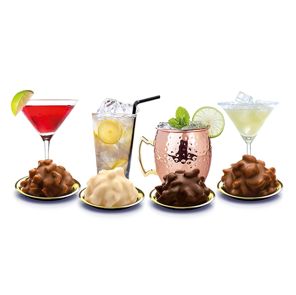 Edle Tropfen in Nuss Vodka Lounge 100g, pralines au chocolat remplies de liquide avec glaçage au chocolat au lait et morceaux croquants de noisette