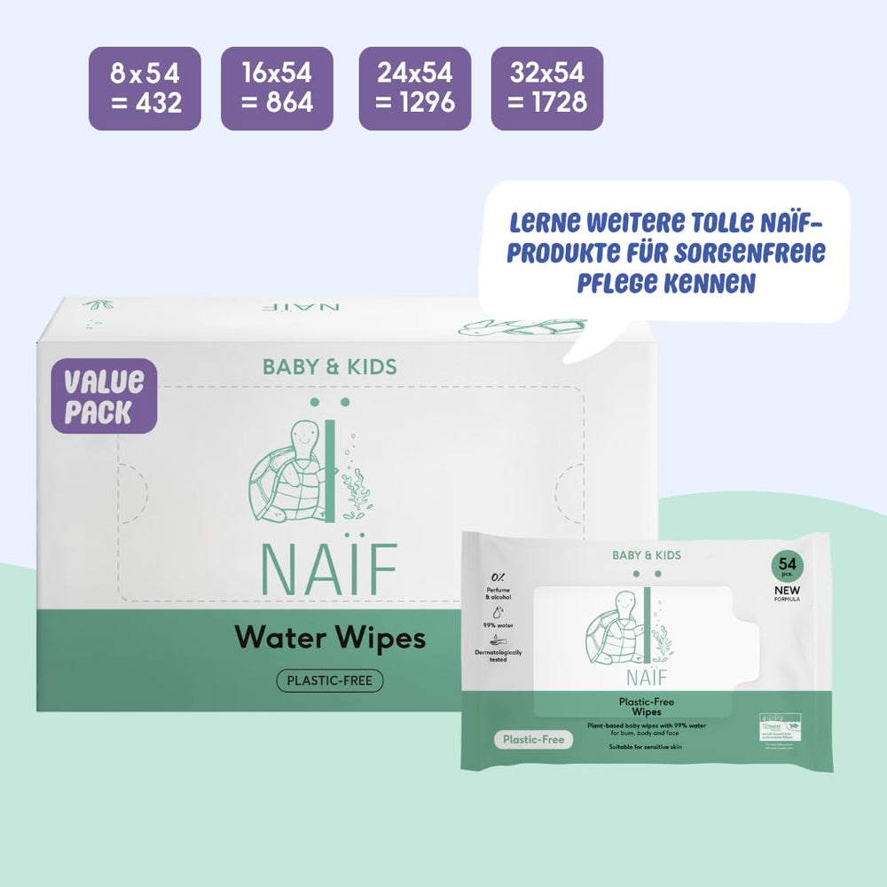 Naïf Lingettes Bébé Sans Plastique 432 Pièces (Pack de 8 x 54 Lingettes) - Soin des Fesses, du Corps et du Visage de Bébé - 99% d'eau - 0% Parfum & Alcool - Boîte de Lingettes Humides Durables, Eucalyptus Sensible