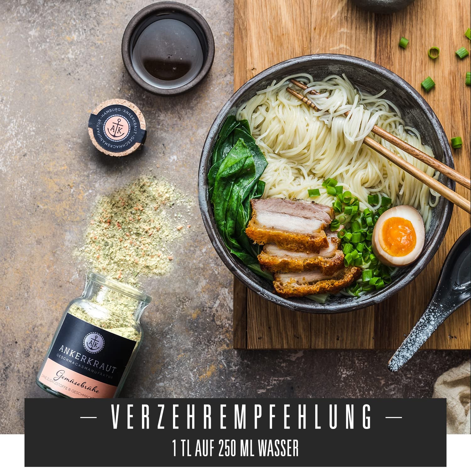 Ankerkraut Gemüsebrühe, ohne Gemsckverstärker, ohne Zucker, 90g dans un verre en liège, Mischung würzender Ingredient für Brühe