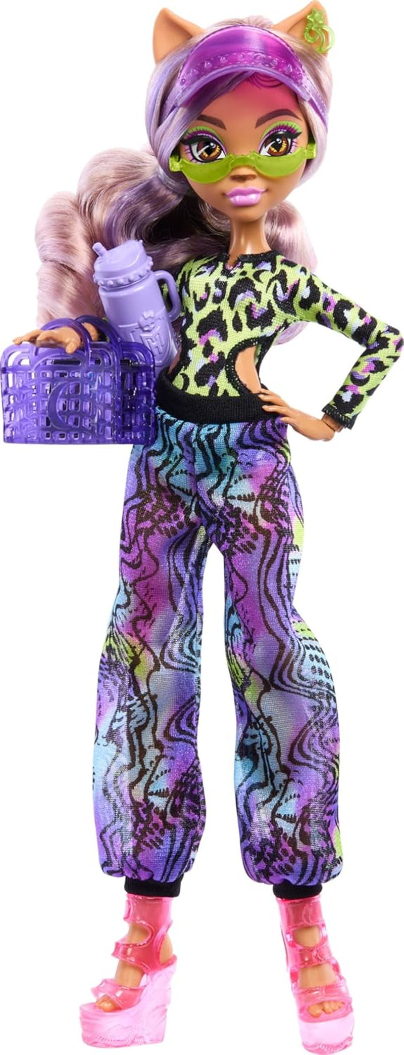 Poupée Monster High Scare Adise Island Clawdeen Wolf avec maillot de bain, bas de jogging et accessoires de plage tels que visière, bouteille d'eau et livre