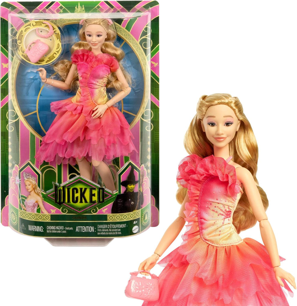 Mattel Wicked Glinda Poupée mannequin et accessoires avec cheveux blonds, diverses poses possibles et apparence de robe de bal amovible, HXT63