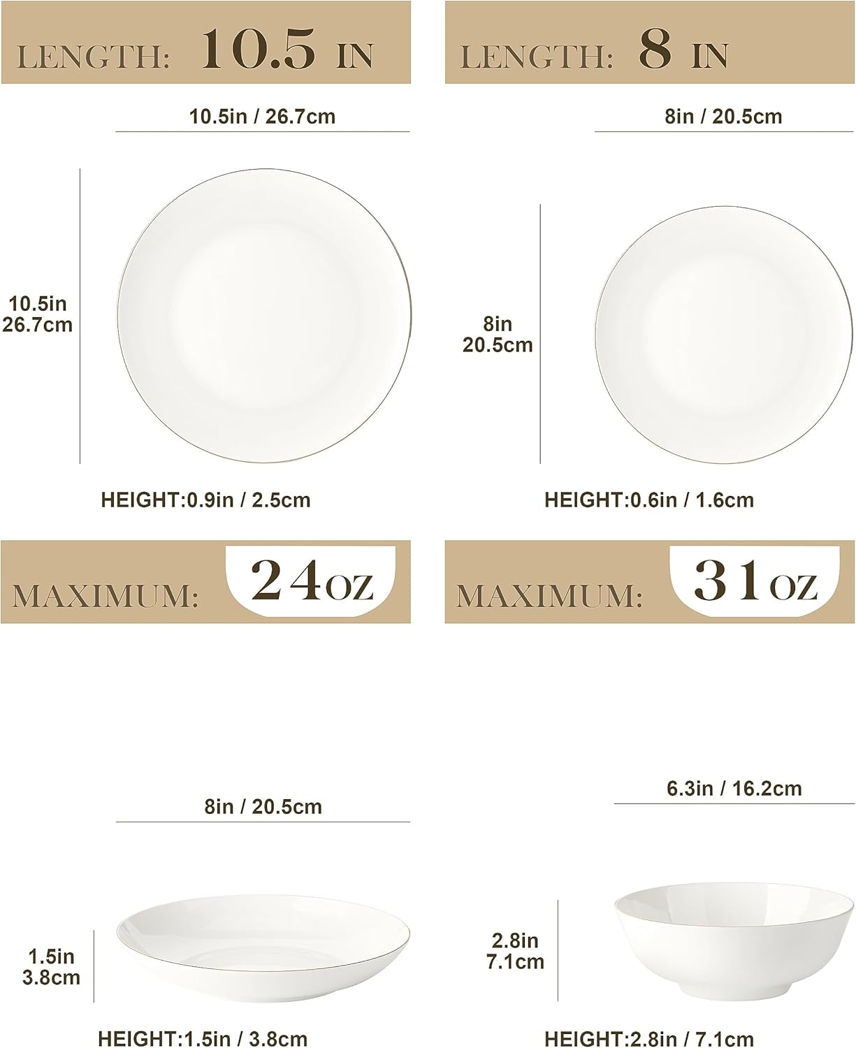 MALACASA Service de table pour 4 personnes en porcelaine tendre, service de table 16 pièces rond blanc avec bord doré, ensemble combiné de 4 assiettes plates, 4 assiettes à dessert, 4 assiettes Suma et 4 bols à céréales Série NORI