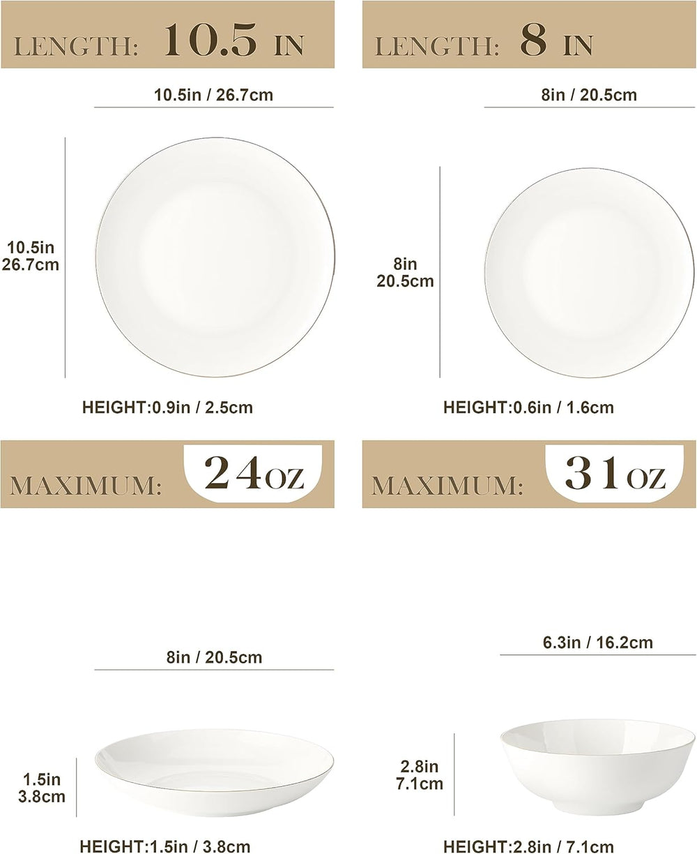MALACASA Service de table pour 4 personnes en porcelaine tendre, service de table 16 pièces rond blanc avec bord doré, ensemble combiné de 4 assiettes plates, 4 assiettes à dessert, 4 assiettes Suma et 4 bols à céréales Série NORI