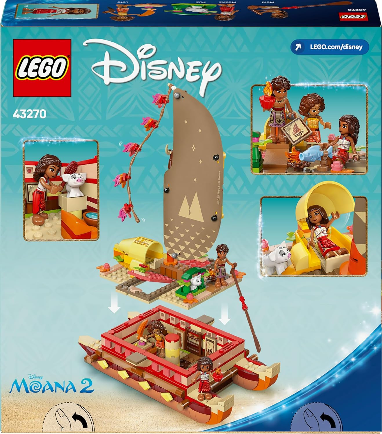 LEGO ǀ Disney Vaiana 2 : Vaianas Abenteuerfloß - Spielzeug Boot mit Textilsegel, abnehmbarem Deck, Lagerfeuer & 3 Minifiguren, inkl. Loto et Moni – Jeux pour filles à partir de 6 ans et fans – 43270