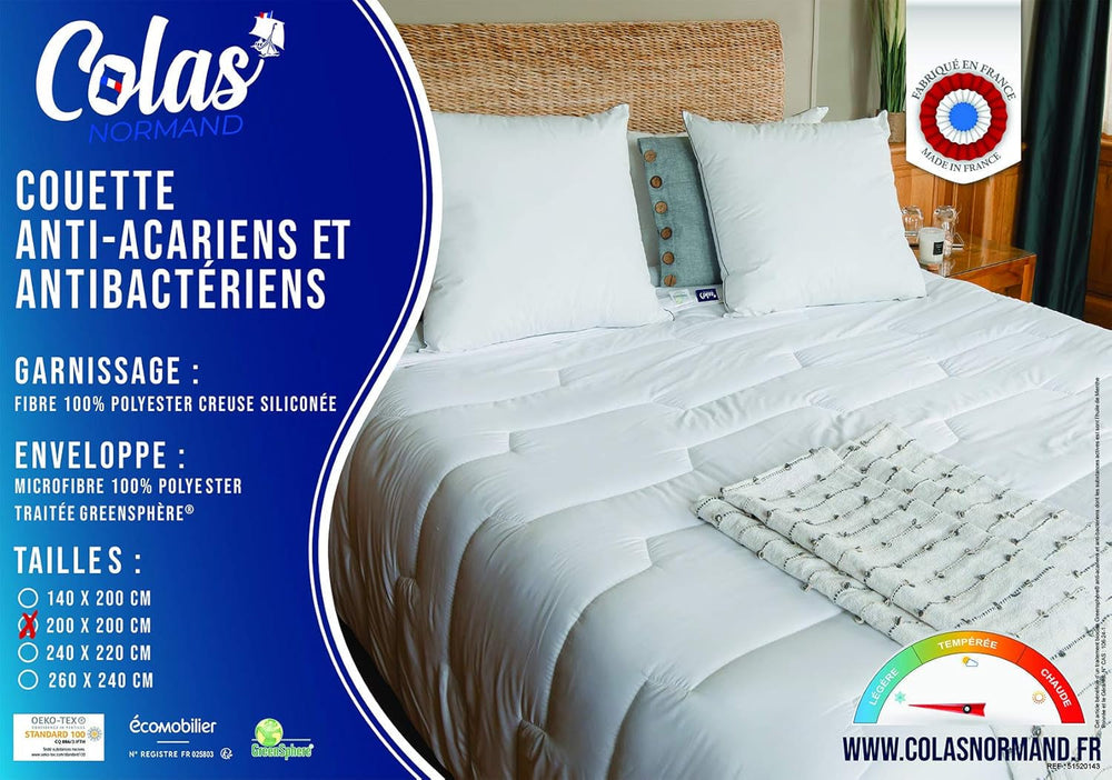 COLAS NORMAND Couette anti-acariens et antibactérienne, légère, 200 X 200 cm, effet longue durée, hygiène parfaite, microfibre, douce et confortable, lavable, française, blanc 53130248 Naty Shop Couettes et Couettes