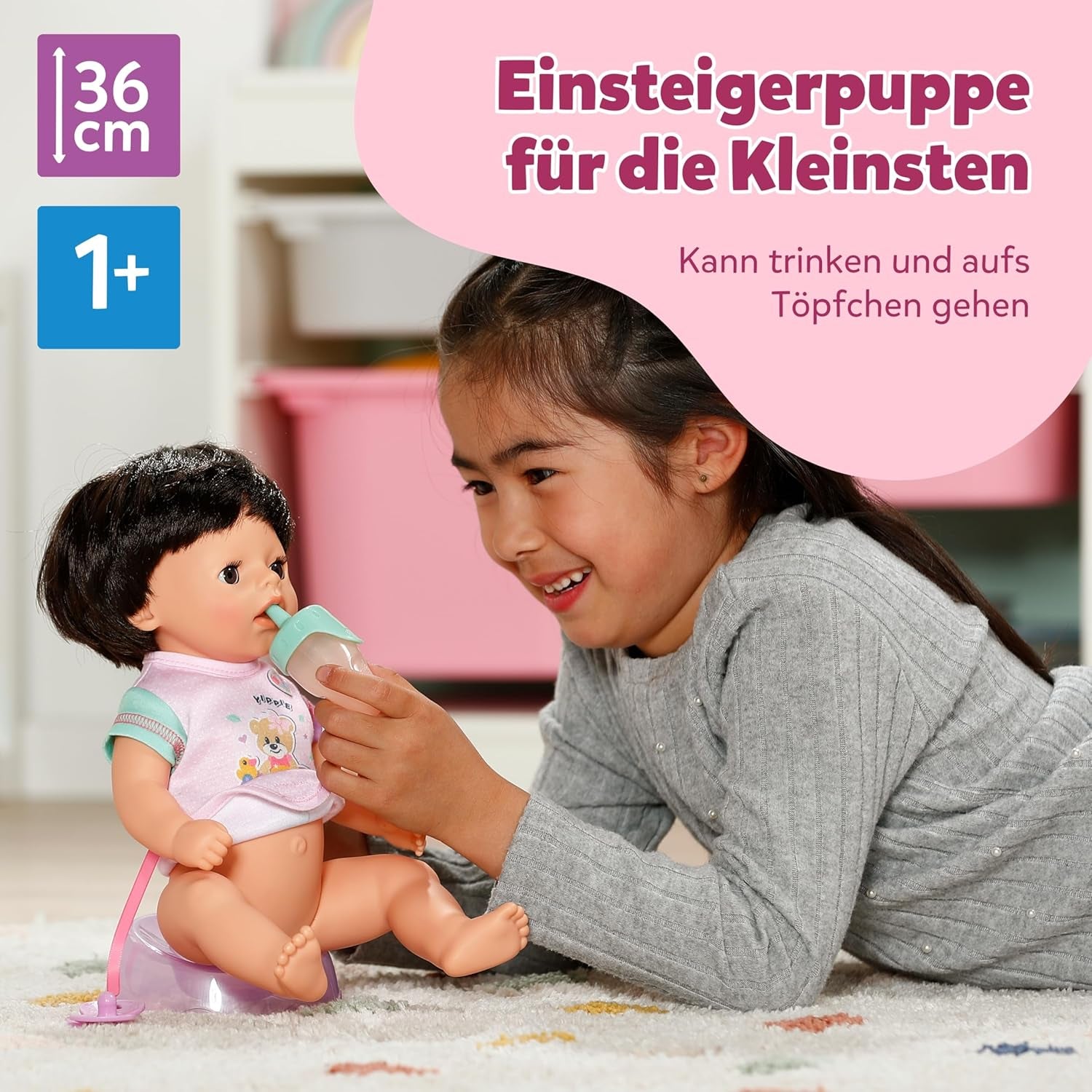 BABY Born Amy - Poupée 36 cm - Poupée bébé avec 7 fonctions pour les tout-petits à partir de 1 an - Fonctionne sans piles - Comprend accessoires et matelas