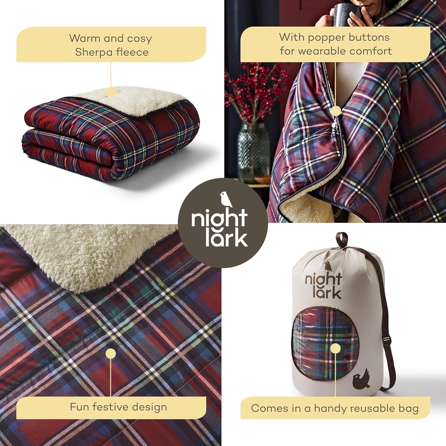 Couverture polaire Sherpa confortable Night Lark, tartan rouge classique, 9 Tog, luxueuse, moelleuse, épaisse et réversible, parfaite pour un canapé, un lit, un canapé. Hypoallergénique, lavable en machine, Taille : Lits et couettes Night Lark