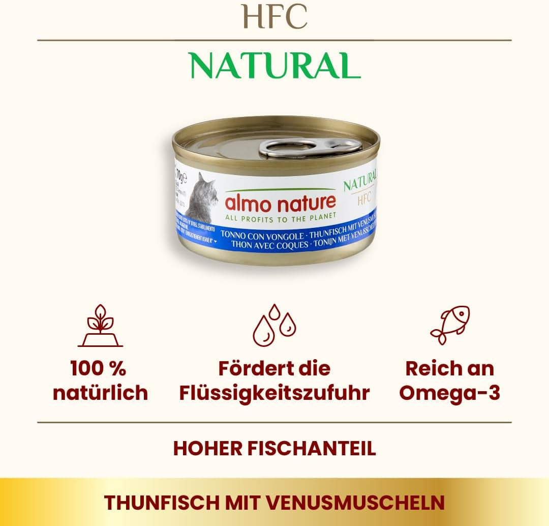 Almo Nature HFC Hrană umedă naturală pentru pisici - Ton cu scoici, pachet de 24 (24 x 70g)