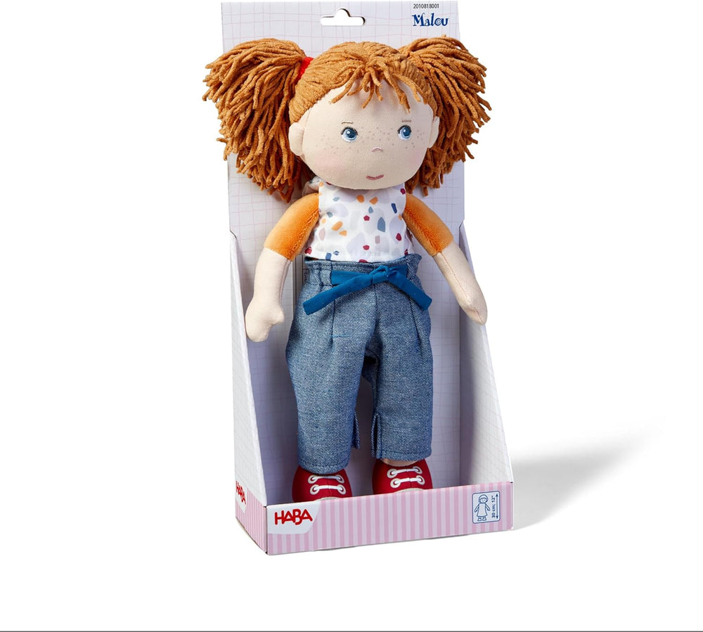 HABA Puppe Malou - 30 cm große Stoffpuppe zum Spielen und Kuscheln - Weiche und waschbare Materialien - Ideale Alternative zur Plüschpuppe - Geeignet für Kinder ab 1,5 Jahren - 2010818001