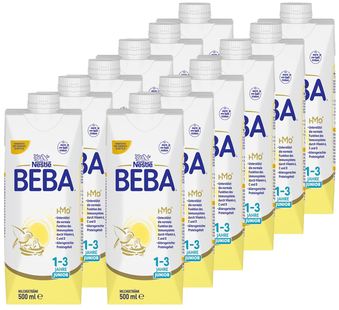 BEBA Junior Boisson lactée prête à boire 1-3 ans, avec HMO, teneur en protéines adaptée à l'âge, sans huile de palme, sans huile de poisson, nourriture pour tout-petits, paquet de 12 (12 x 500 ml)