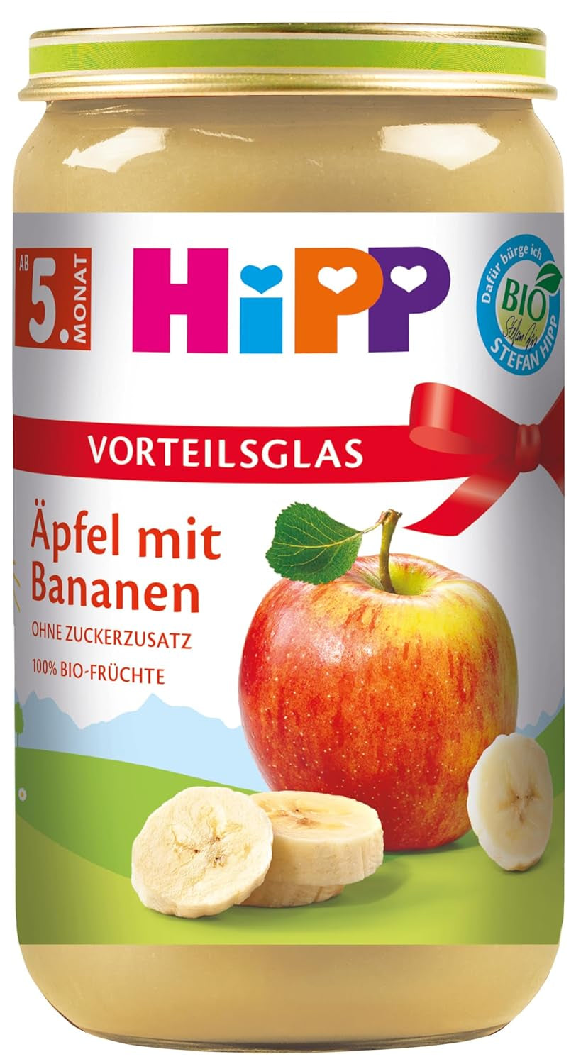 Pommes aux bananes et fruits bio HiPP (6 x 250g), dès 5 mois, sans sucre ajouté, 100% fruits, meilleure qualité bio