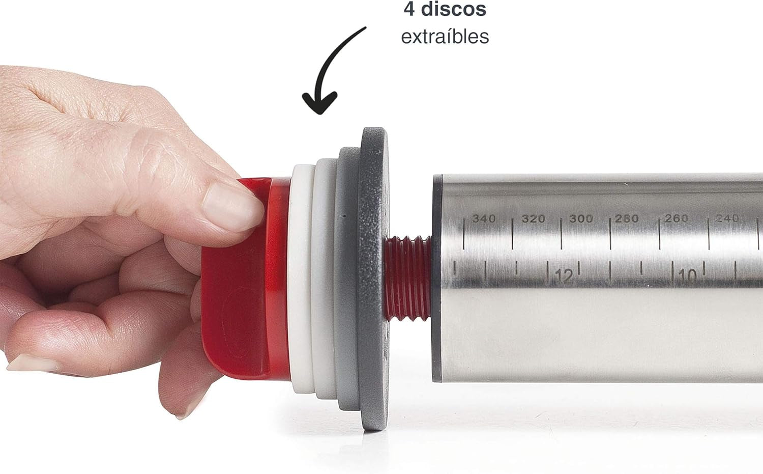 - 67143 - Rouleau d'essuie-tout Amasar, 4 disques amovibles, acier inoxydable, repères de mesure gravés, toutes les mesures, 41,5 cm, passe au lave-vaisselle, gris