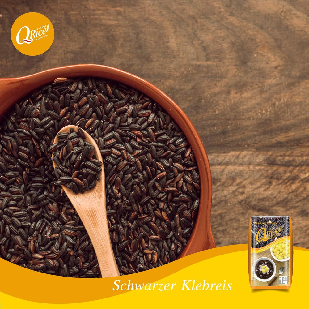 Q RIZ | Riz gluant noir à grains longs de Thaïlande | Aromatique avec une délicate note de noix | Idéal pour les desserts au curry, sushi et mochi | 1x1kg