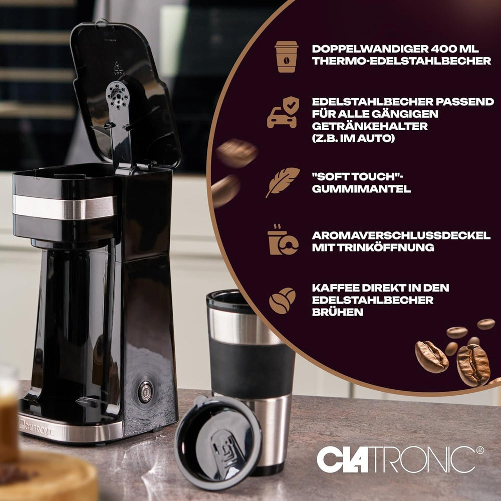 Machine à expresso Clatronique | Tasse de voyage 400 ml | Compatible avec tous les porte-gobelets standards (par exemple pour voiture) | Machine à expresso avec filtre | Filtre permanent en nylon | Mug en acier inoxydable avec couvercle aromatique | CA 3733