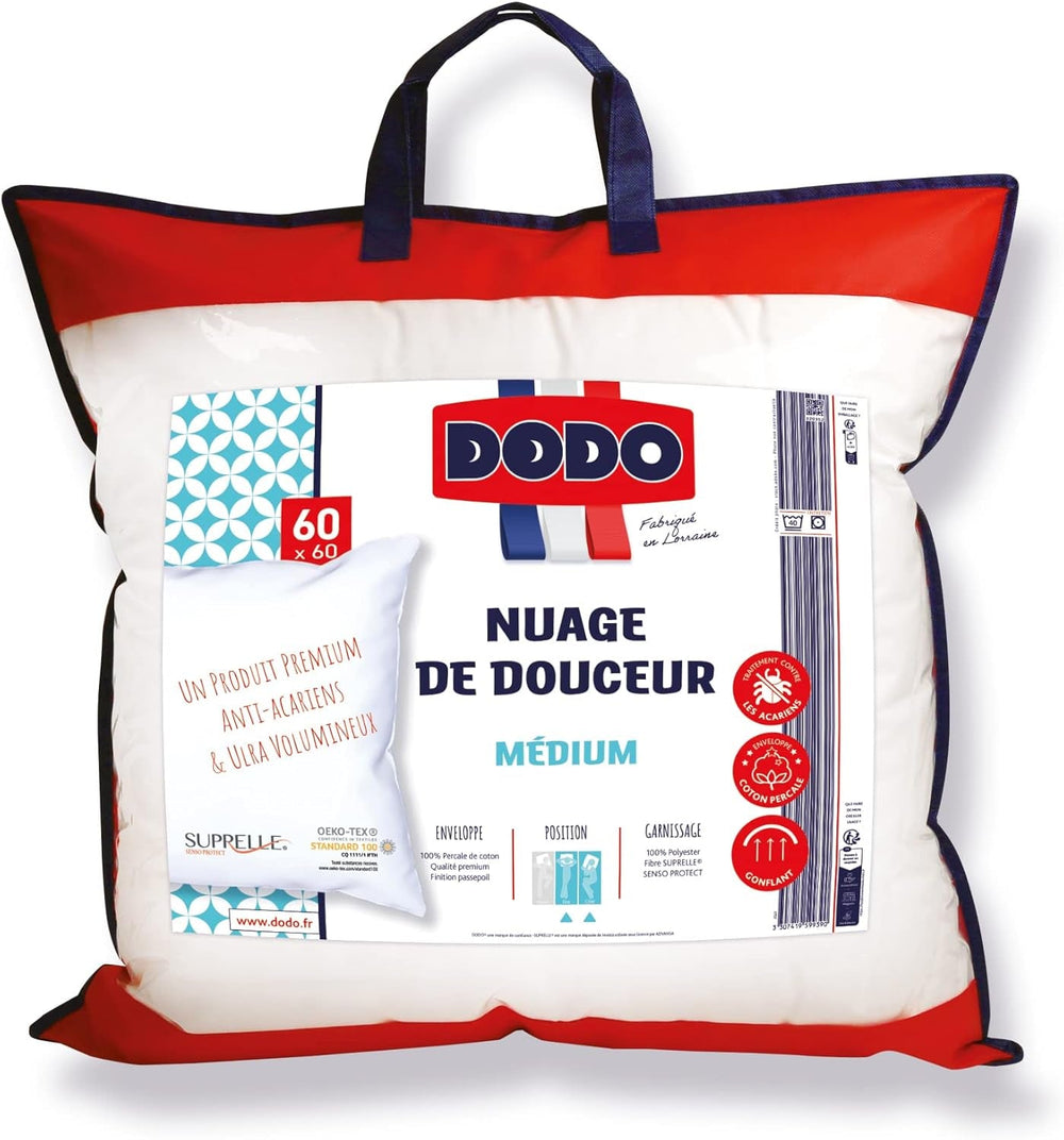 Oreiller DODO Premium, 60 X 60 cm, Confort Moyen, Oreiller Cloud De Douceur | Anti-acariens et moelleux | Percale de coton + Passepoil Lavable en machine à 40 °C Oreillers standards Naty Shop