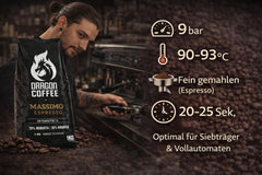 Dragon Coffee Massimo Espresso – Mittlere italienische Röstung | 70% Robusta / 30% Arabica | Café Ganze Bohnen | Crème Intensive | (5x1kg)