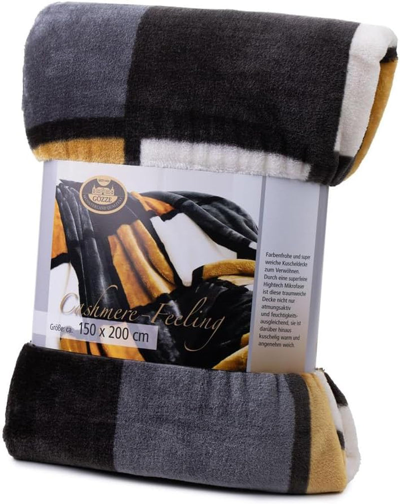 Gözze - Couverture douce et confortable, sensation cachemire, grammage du tissu lourd 500 G/M², Antigua, 150 X 200 Cm - Moutarde/Noir/Blanc Lits et Couvertures Besuche den Gözze-Store