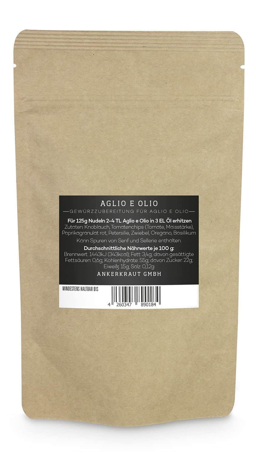 Ankerkraut Aglio e Olio, Gewürzmischung italienne pour pâtes et nouilles spaghetti classiques, 120g dans un sachet aromatique