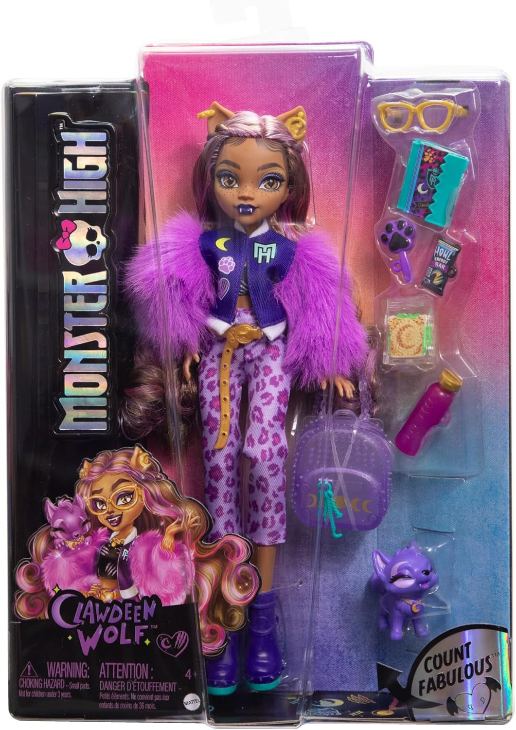Poupée Monster High Clawdeen Wolf avec croissant de chiot et accessoires tels que cartable, calendrier, collations et plus encore, HRP65
