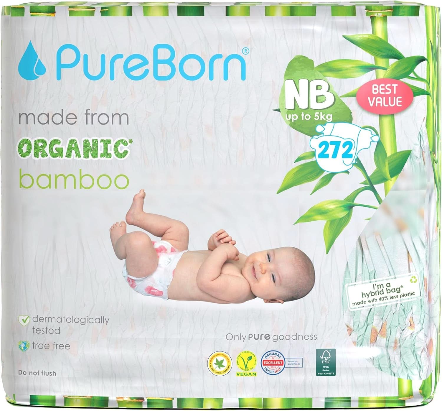 Couches en bambou biologique Pureborn Eco, taille nouveau-né (jusqu'à 5 kg), écologiques, hypoallergéniques, ultra douces, indicateur d'humidité, divers imprimés Mother and Baby Naty Shop Newborn (272 pcs)