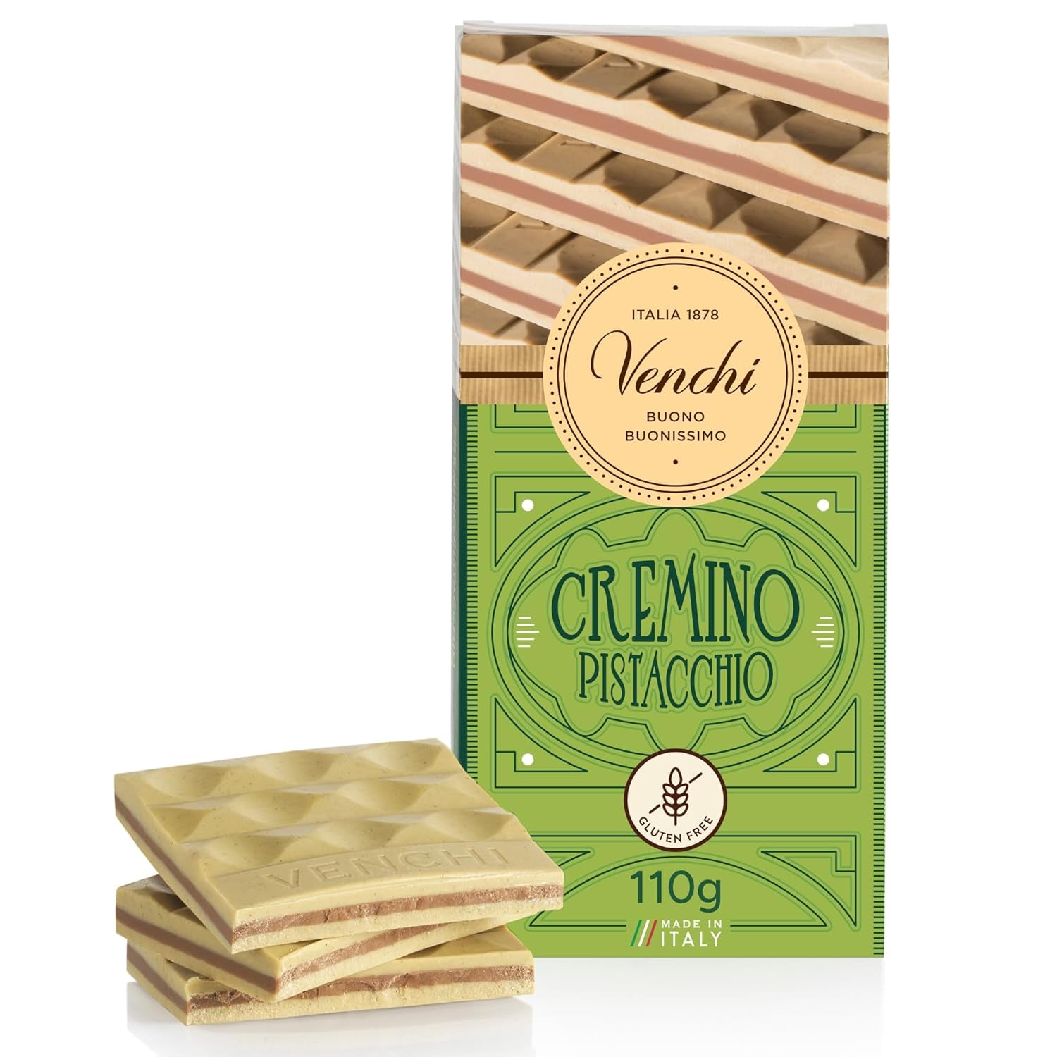 Venchi - Cremino Pistachio Bar, 110g, barre de chocolat au lait et blanc avec pâte de pistache, recette en trois couches aux saveurs méditerranéennes, sans gluten, sans colorants artificiels