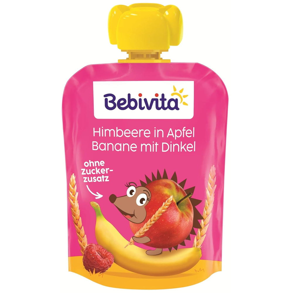 Sachets compressibles fruits, framboise, pomme, banane et épeautre - 16 pièces (paquet de 4, 4 x 90g chacun), sans sucre ajouté, à base de fruits rouges et de céréales saines, idéal pour les collations à emporter et l'autoconsommation