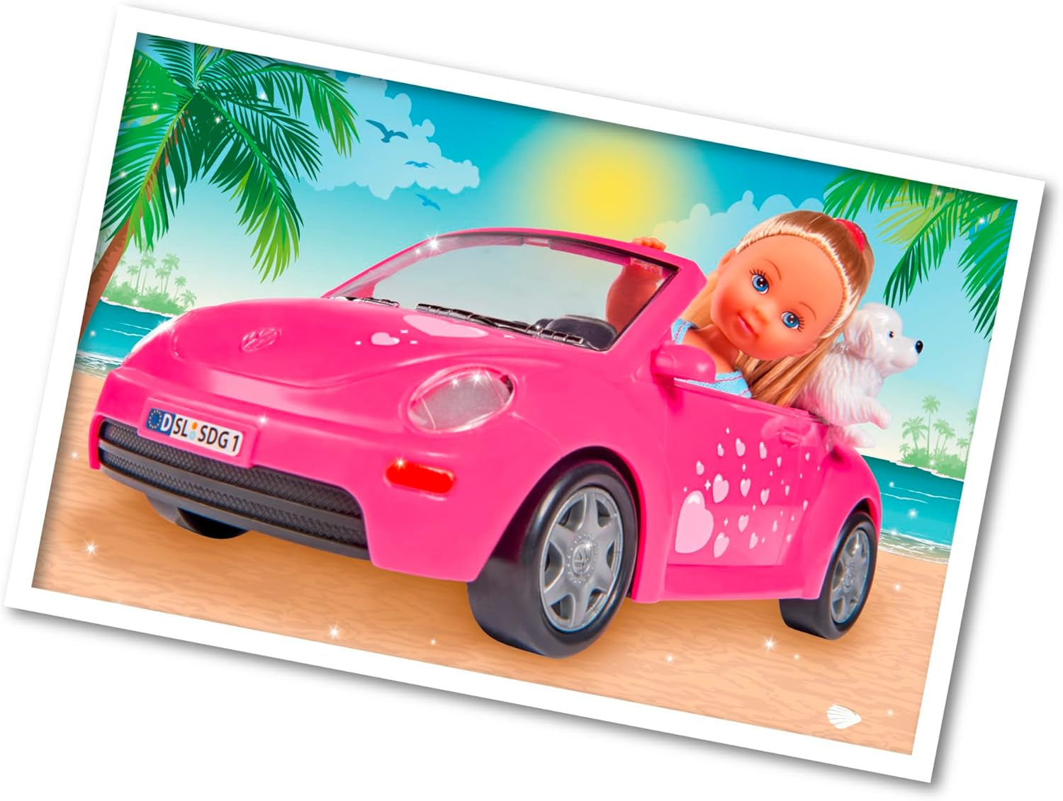 Simba 105731539 - Evi Love Beetle Evi's, Evi avec voiture, voiture : 22 cm, avec chien, poupée mannequin, 12 cm, pour enfants à partir de 3 ans