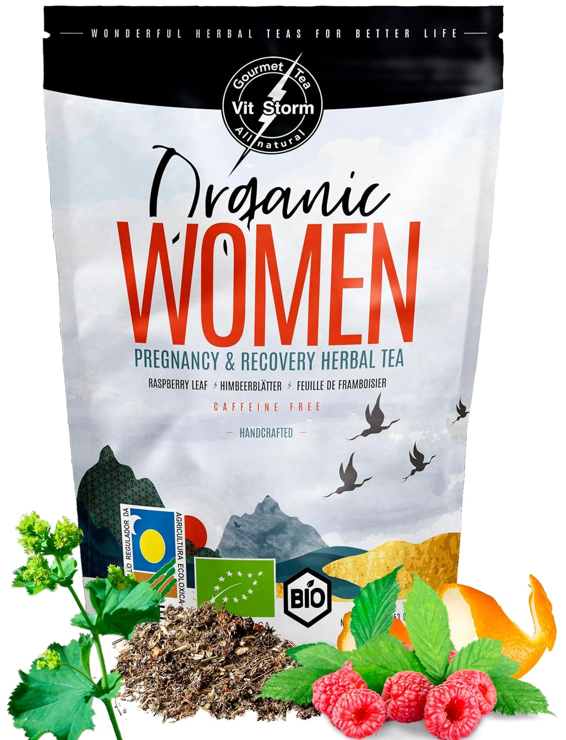 VITSTORM® BIO TEE Mom & Kids - Thé pour femme et allaitement - Rooibos, pomme, fenouil, mélisse, alchémille, fraise - Thé relaxant - Fruité et délicieux - Sans caféine - Tisane 100 g